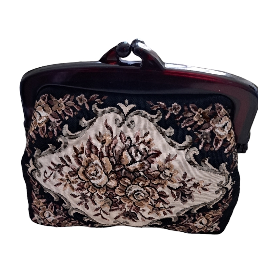 Vintage Fine Art Bags small tapestry clutch lucite handle brown black tan roses